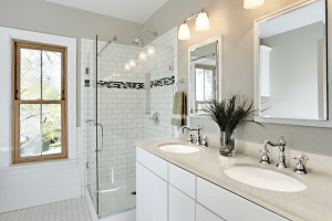 Quartz stne countertop in bright white modern bathroom